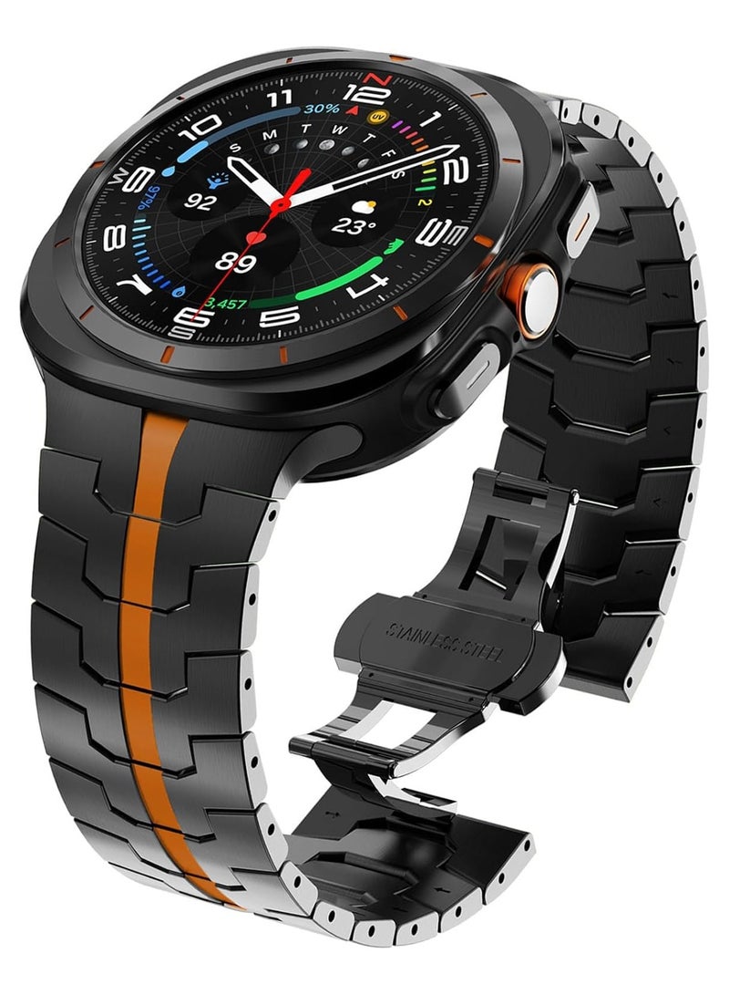 HaDoii Compatible with Samsung Galaxy Watch Ultra Band 47mm(2025/2024), Robust Men Stainless Steel Replacement Link Metal Bracelet, Stainless Steel Samsung Galaxy Watch Ultra Band Classy Casual Business Bands Butterfly Folding Clasp Black/Orange - Image 1